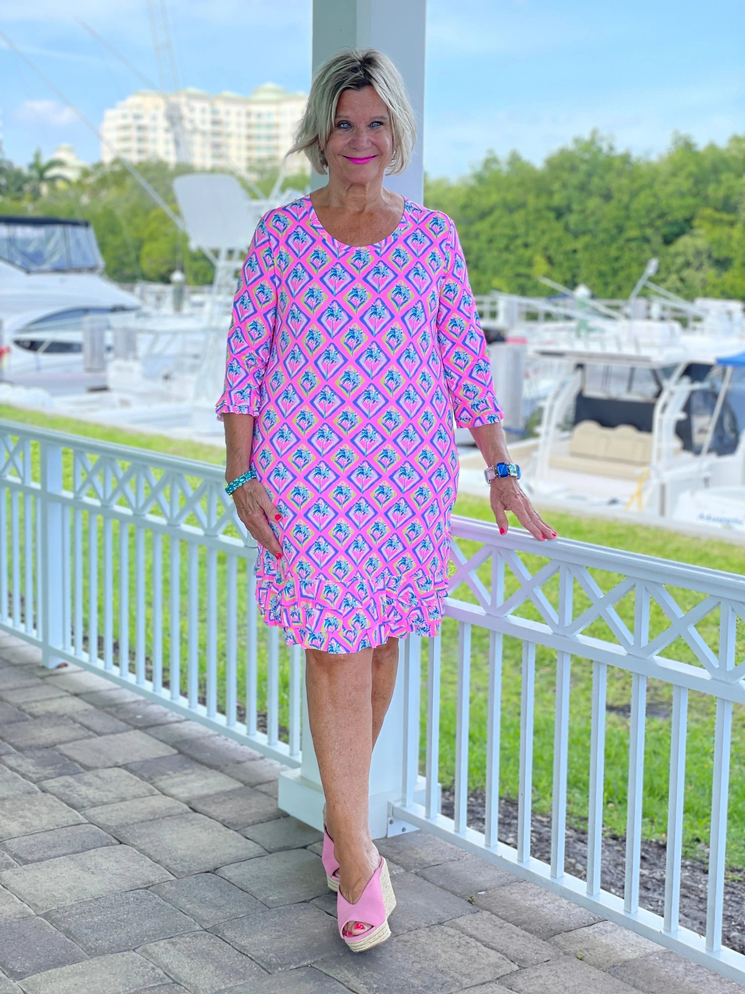 PALM TREE SIESTA RUFFLE SLEEVE DRESS